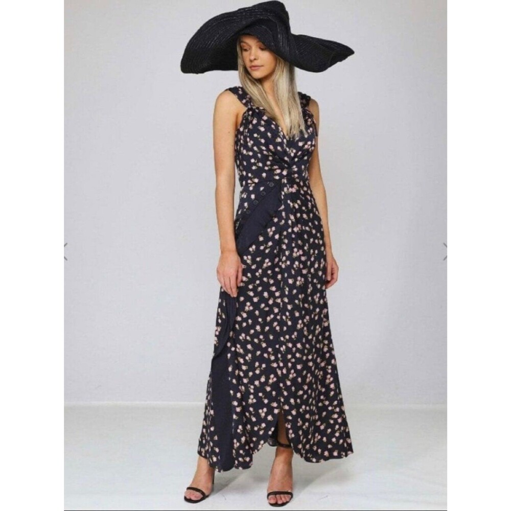 SELF-PORTRAIT Twisted Floral Print Satin Jacquard Maxi Dress in Black Size 6